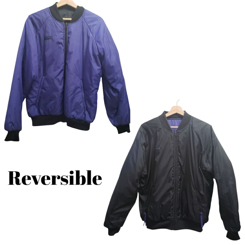 Vintage Columbia Bomber Jacket 90s Reversible Black Purple Logo Pockets Size M
